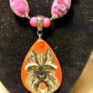 Handmade, handpainted on black  leather mini schnauzer breed necklace with beads